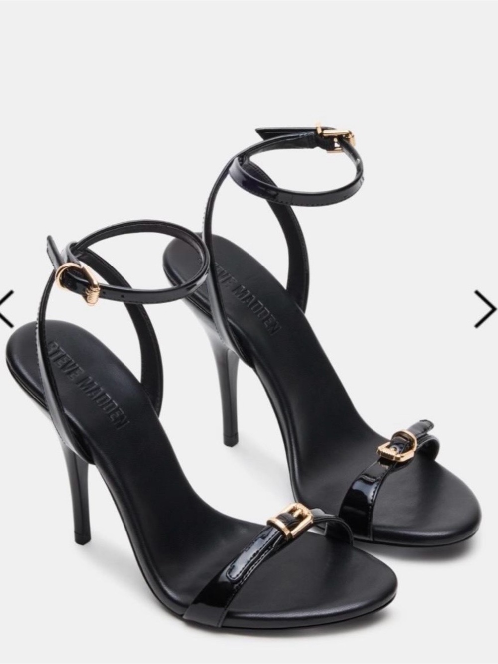 Steve Madden Black Patent Ankle-Strap Heels with Gold Buckle